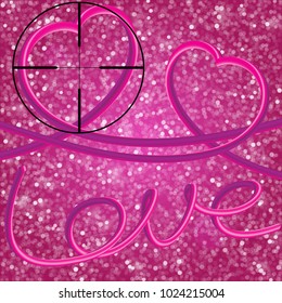 Glitter vintage lights background. Elegant 3d inscription Love and Two perfect 3d hearts, executed by the movement of the heart. Light silver, and pink. defocused. Heart At Gunpoint