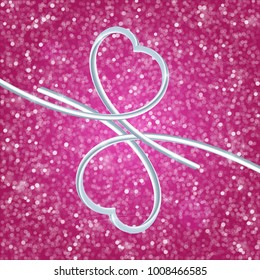 Glitter vintage lights background.Two perfect 3d hearts. Elegant metal three-dimensional figure 8, consisting of two hearts. Light silver, and pink. defocused. 
