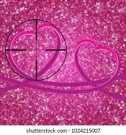 Glitter vintage lights background.Two perfect 3d hearts. light silver, and pink. Defocused. Heart At Gunpoint