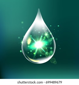 Glitter water drop, water drop with effects isolated on green background. 3D illustration.