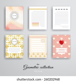 Glitter, watercolor and different patterns. Vector set of poster templates for business flyers, posters and placards. 