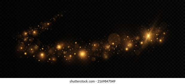 Glitter wave dust with glowing particles. Shiny dust twinkle in transparent background. Sparkle trail with light effect.