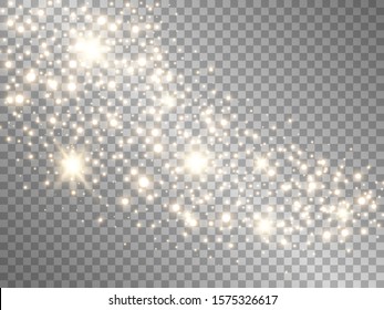Glitter wave with light effect. Sparkling trail with shining stars and stardust. Glowing meteor with bright particles. Gold luxury element. Starry composition. Vector illustration.