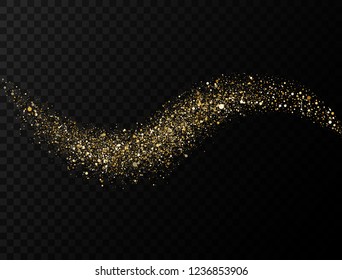 Glitter wave on transparent background. Gold sparkling glitter trail. Magic star dust. Glittery twirl with confetti. Sparkling comet tail. Luxury cosmetic design. Shining curves. Vector illustration.