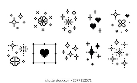 Glitter whimsical pixel art texture set. Star. Heart. Simple flower icon. Y2k sparkle icons. Mood of 90s. 8 bit retro style editable vector illustration. Simple geometric shape. Game abstract elements