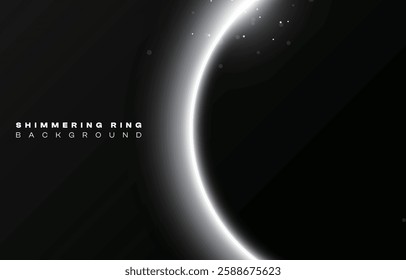 Glitter white neon circle ring frame sparkle flash light star shimmer vector on black background, shiny glowing pure silver grey round line planet curve, futuristic web poster card print template