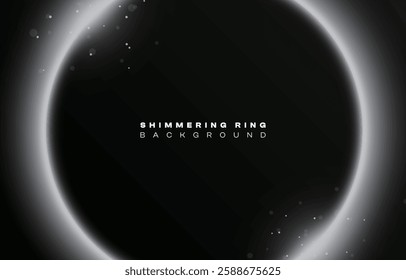 Glitter white neon circle ring frame sparkle flash light star shimmer vector on black background, shiny glowing pure silver grey round line planet curve, futuristic web poster card print template