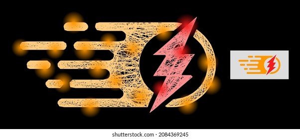 Elektrischer Glitter-Draht-Funken mit Lichtpunkten auf schwarzem Hintergrund. Hellvektor-Maschen auf der Grundlage eines elektrischen Funkensymbols, mit Bruchnetz und Lichtpunkten.