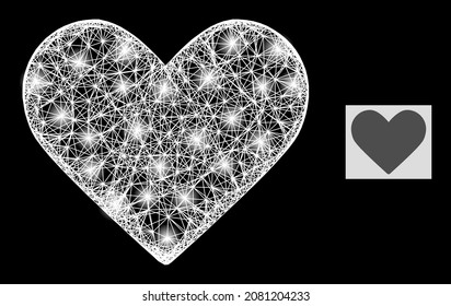 Glitter wire frame love heart with light spots on a black background. Illuminated vector constellation is based on love heart glyph, with irregular network and light spots.
