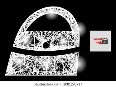 Bolsa de compras de marco de alambre brillante con manchas de luz sobre un fondo negro. El modelo vectorial claro se crea a partir del pictograma de la bolsa de compra, con red rayada y manchas luminosas.
