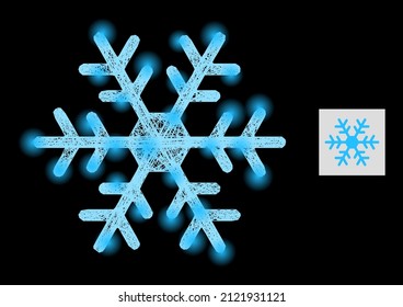 Salto de nieve del marco de la cuerda floja con manchas brillantes sobre un fondo negro. Malla vectorial iluminada basada en un icono de copo de nieve, con malla irregular y manchas de luz.