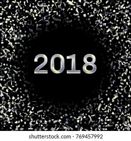 Glittering 2018 New Year card with silver falling confetti and streamers. Foil texture glitter confetti tinsels falling background, 2018 greeting card, banner or party invitation graphic design.