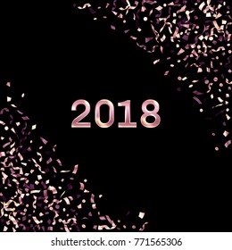 Glittering 2018 New Year Card With Rose Gold Falling Confetti And Streamers. Foil Texture Glitter Confetti Tinsels Falling Background, 2018 Greeting Card, Poster Or Party Invitation Template Design.