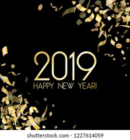 Glittering 2019 Happy New Year card with gold confetti. Foil texture gold glitter confetti tinsels background, 2019 greeting card, banner or party poster template with wishes of happiness in New Year.