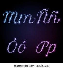 Glittering Alphabet of sparkles (glittering font concept). Letters M, N, O, P with special simbols in separate group.