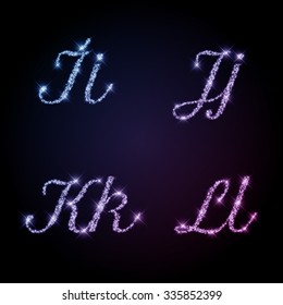 Glittering Alphabet of sparkles (glittering font concept). Letters I, J, K, L with special simbols in separate group.