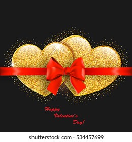 Glittering background with gold hearts for Valentine's day and bow