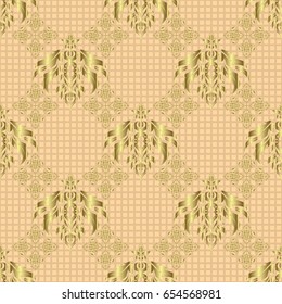 Glittering background illustration on beige backdrop. Vector seamless golden Christmas ornament pattern.