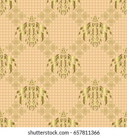 Glittering background illustration on beige backdrop. Vector seamless golden Christmas ornament pattern.