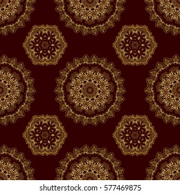 Glittering background illustration on brown backdrop. Vector seamless golden Christmas ornament pattern.