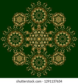 Glittering background illustration on green backdrop. Vector seamless golden Christmas ornament pattern.