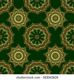 Glittering background illustration on green backdrop. Vector seamless golden Christmas ornament pattern.