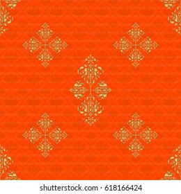 Glittering background illustration on orange backdrop. Vector seamless golden Christmas ornament pattern.