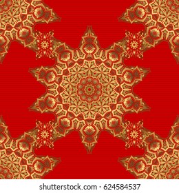 Glittering background illustration on red backdrop. Vector seamless golden Christmas ornament pattern.