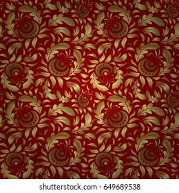 Glittering background illustration on red backdrop. Vector seamless golden Christmas ornament pattern.