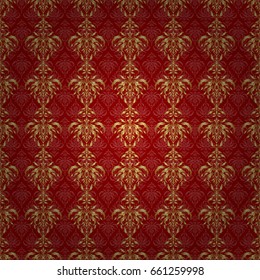 Glittering background illustration on red backdrop. Vector seamless golden Christmas ornament pattern.
