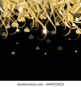 Glittering Black and Gold Background with Falling Hearts and Serpentine. Luxery Vector Illustration