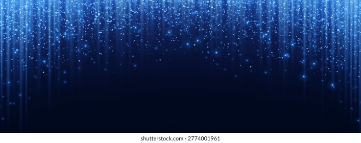 Glittering blue rain, shining sparkles and particles on black background, vector border. Shimmering confetti dust, festive light effect, luxury award banner and celebration design