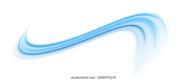 Glittering blue wave with bokeh light. A soft, circular wave of sparkling blue light and glitter particles creates an illusion of depth and magic. Luminous neon waves PNG.