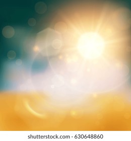 Glittering and blurred summer background with gold sun and many light effects.