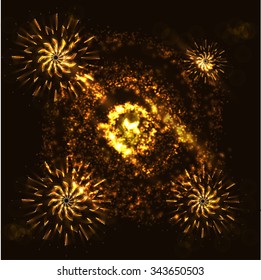 Glittering bokeh with magic stars dust. Blurred Christmas Lights for Xmas Holiday Design. Festive Firework Salute. Ideal for xmas card or elegant holiday party invitation. Abstract Winter background.