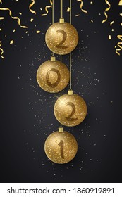 Glittering Christmas balls with numbers 2021 New Year and flying confetti. Grunge brush. Luxurious decoration. Greeting card or poster. Vector illustration. EPS 10