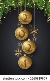 Glittering Christmas balls with numbers 2021 New Year and fir tree. Grunge brush. Luxurious decorations of golden snowflakes and stars. Greeting card or poster. Vector illustration. EPS 10
