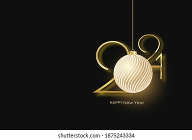 Glittering Christmas balls with numbers 2021 New Year and flying confetti. Grunge brush. Luxurious decoration. Greeting card or poster. Vector illustration.