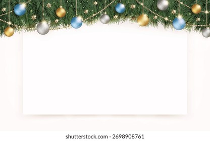 Decorações de Natal brilhantes e fundo branco liso com quadro branco liso. Ilustração em 3d.