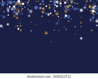Glittering Christmas star holiday pattern illustration. Gold blue white sparkle decoration. Poster snowflake backdrop. Christmas star symbol shimmer. Twinkling random decor.