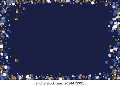 Glittering Christmas star holiday scatter graphic design. Gold blue white twinkle decoration. Banner stardust ornament. Christmas star doodle glitter. Night luxury explosion.