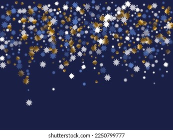 Glittering Christmas star vector background graphic design. Gold blue white sparkle confetti. Poster starburst background. Christmas star icon confetti. Xmas beautiful explosion.