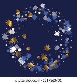 Glitzernder Weihnachtsstar, Vektorhintergrund Grafik Design. Goldblauer Konfetti mit weißem Funkeln. Poster-Schneeflocken-Hintergrund. Weihnachtsstern-Ikone-Teilchen. Himmelsmagischer Druck.