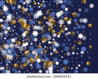 Glittering Christmas star vector scatter illustration. Gold blue white twinkle confetti. Poster snowflake ornament. Christmas star shape shimmer. Twinkling magical wallpaper.