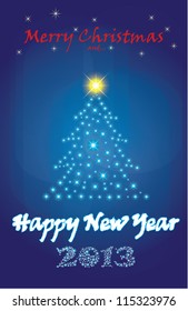 Glittering Christmas tree and New Year 2013 text, vector illustration of a greeting card