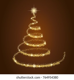 Glittering Christmas tree on brown background. Vector.