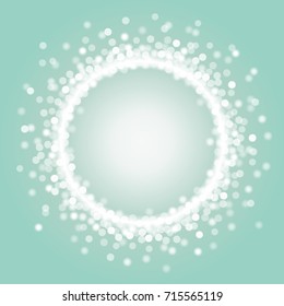 Glittering circle made of defocused bubbles on aquamarine background with empty center for text. Wallpaper for design uses. Vector illustration