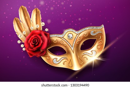 Glittering colombina mask for face cover at carnival or masquerade. Festival costume part with feather and beads, rose flower. Golden masque with diamonds for brazil festive or venice mardi gras.