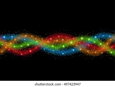 Glittering color stars and trail of sparkling particles. Glitter wave and shining gold stars and gold glittering and sparkling dust. Illustration of gold sparkling frizzed lines of stars.