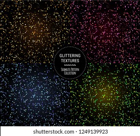 Glittering cosmic seamless textures on dark backgrounds. Night stars, festive confetti, outer space. Golden, pink, blue, green splatters. Uneven dots seamless pattern collection. Isolated vector set.